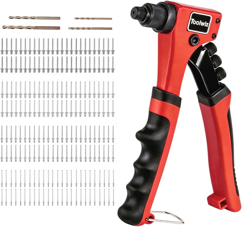 Toolwiz Rivet Gun One-Handed Rivet Gun Kit with 200pcs Rivets, 4pcs Tool-Free Interchangeable Heads and 4pcs Drill Bits - Heavy Duty Hand Riveter for Metal, Wood, Plastic, Leather, Fabric - Image 1